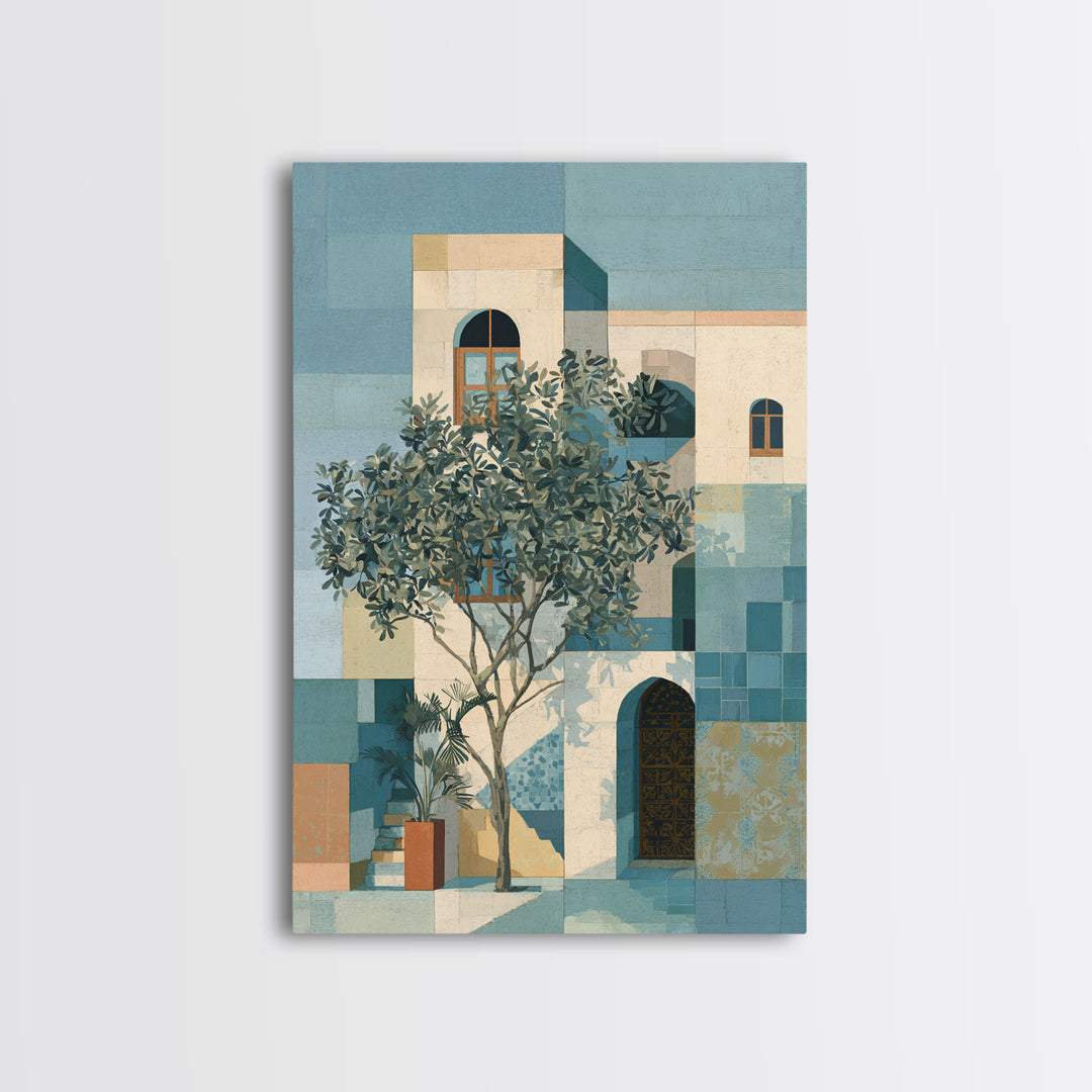 Olive Grove under Pale Morning Light Framed Canvas Print, Mediterranean Art, Digital Wall Art, Living Room Decor, Azure, MAR-2x3-73