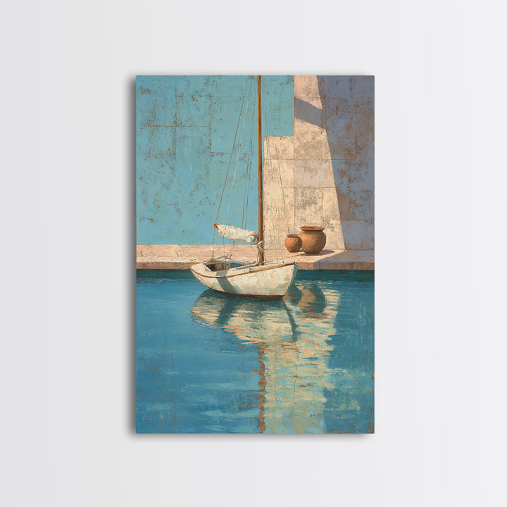 Mediterranean Sailboat on Glassy Water Canvas Print, Mediterranean Art, Living Room Decor, Azure, Digital Art Prints, MAR-2x3-74