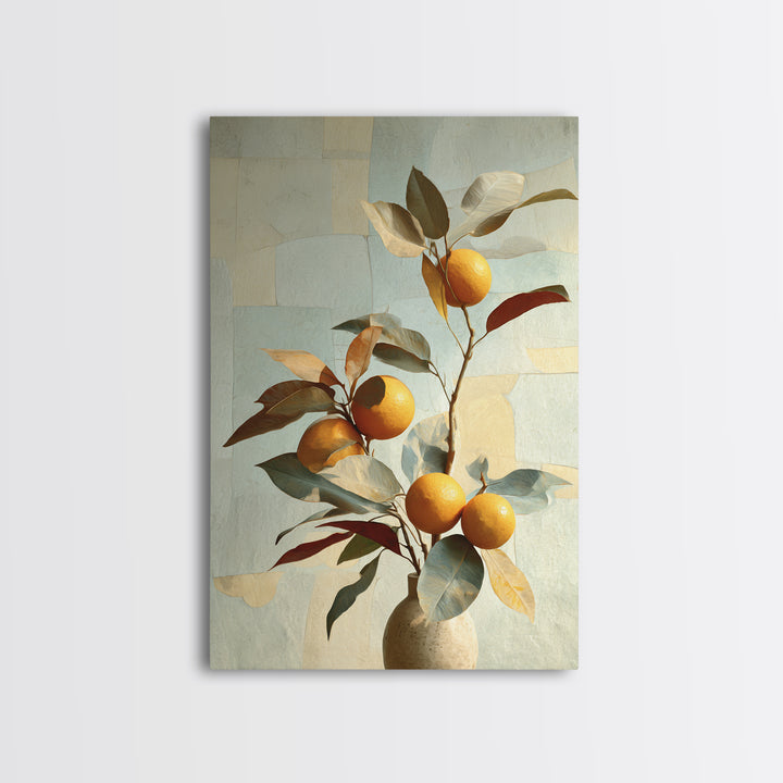 Ceramic Bowl of Oranges and Leaves Canvas Print, Mediterranean Art, Large Wall Art, Living Room Decor, Fine Art, Azure, MAR-2x3-77