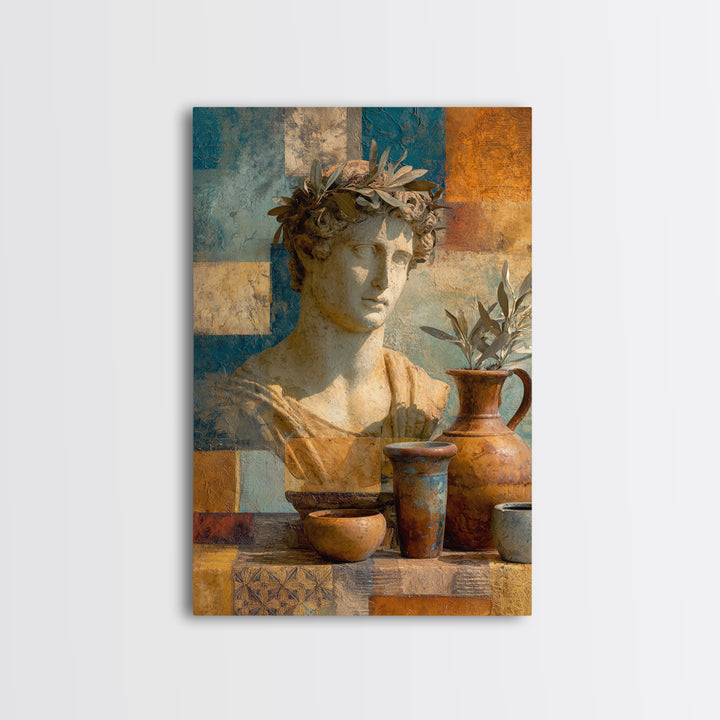 Roman Statue Bust Framed Canvas Print, Mediterranean Art, Minimalist Decor, Living Room Decor, Azure, Horizontal Wall Art, MAR-2x3-78