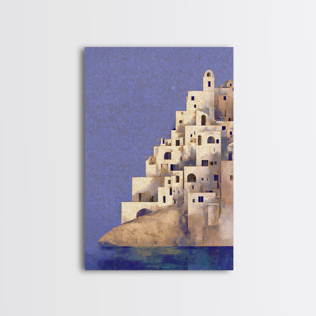 Greek Island White Buildings Above Blue Sea Canvas Print, Mediterranean Art, Framed Wall Art, Living Room Decor, Oil Painting, MAR-2x3-81