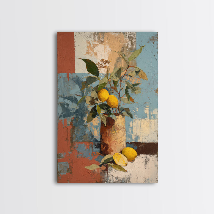 Olive Branch and Lemons on Terracotta Ground Canvas Print, Mediterranean Art, Contemporary Art, Living Room Decor, Azure, MAR-2x3-82