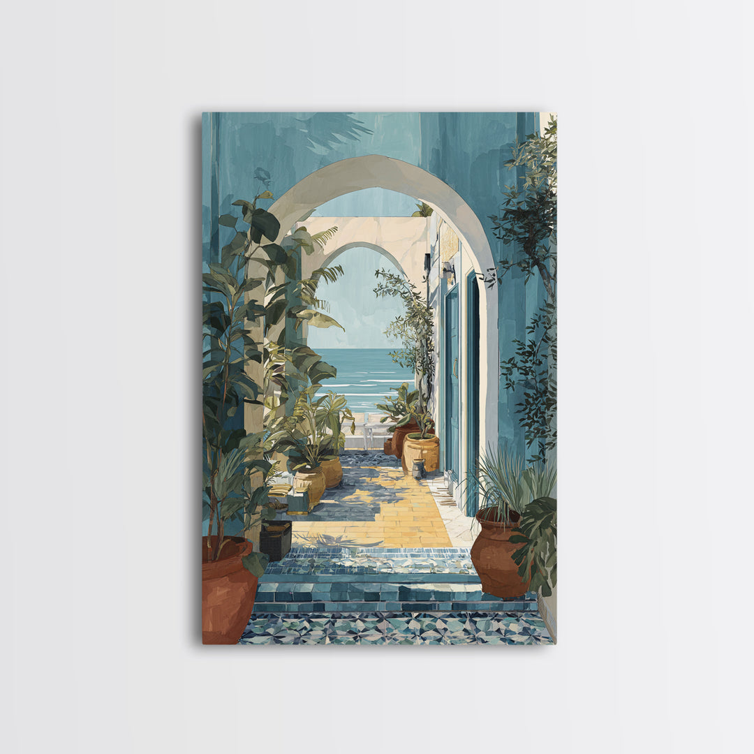 Mediterranean Arch Framing Ocean Horizon Framed Canvas Print, Mediterranean Art, Oil Painting, Living Room Decor, Azure, MAR-2x3-83