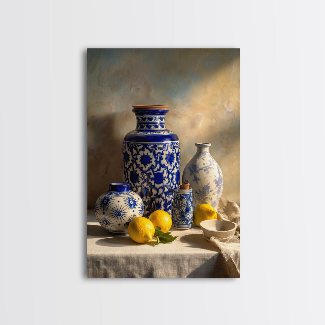 Blue and White Tile Pattern Framed Canvas Print, Mediterranean Art, Modern Wall Art, Living Room Decor, Fine Art, Azure, MAR-2x3-84