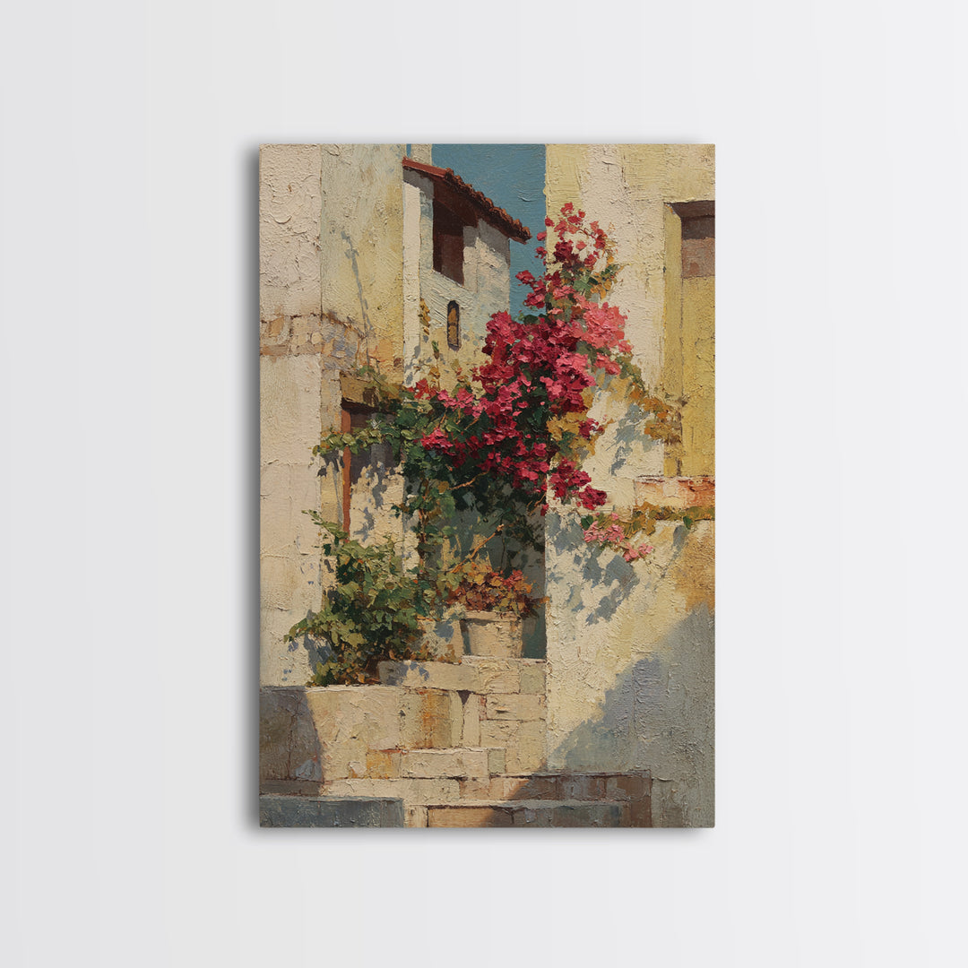 Bougainvillea Cascading over Stone Wall Framed Canvas Print, Mediterranean Art, Digital Print, Living Room Decor, Azure, MAR-2x3-85