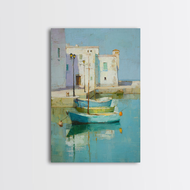 Coastal Fishing Boats Framed Canvas Print, Mediterranean Art, Digital Wall Art, Living Room Decor, Azure, Coastal Wall Art, MAR-2x3-87