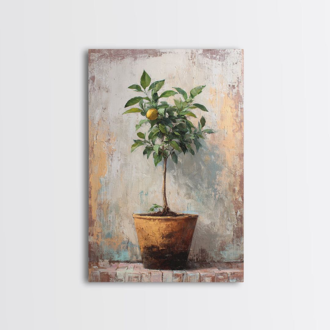Citrus Tree in Clay Pot Framed Canvas Print, Mediterranean Art, Printable Wall Art, Living Room Decor, Fine Art, Azure, MAR-2x3-90