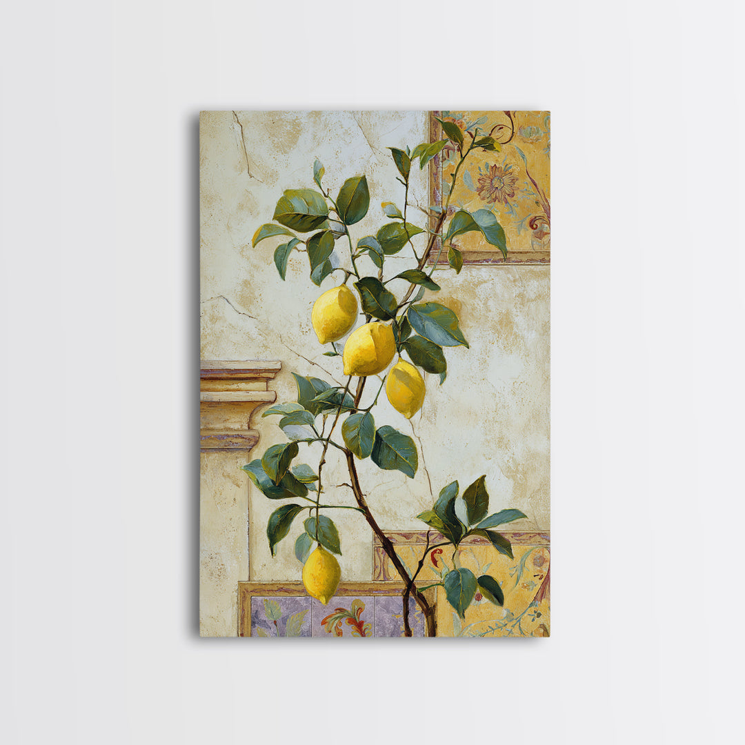 Sicilian Lemon Branch on Ivory Background Framed Canvas Print, Mediterranean Art, Oil Painting, Living Room Decor, MAR-2x3-93