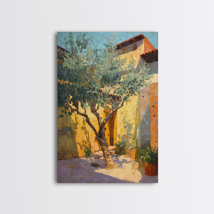 Olive Grove under Pale Morning Light Framed Canvas Print, Mediterranean Art, Digital Wall Art, Living Room Decor, Azure, MAR-2x3-97