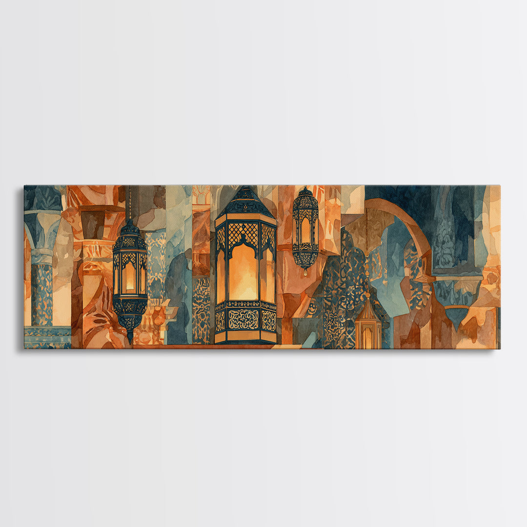 Moroccan Influenced Lantern Framed Canvas Print, Mediterranean Art, Digital Print, Living Room Decor, Fine Art, Azure, MAR-3x1-1