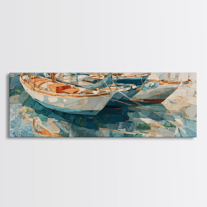 Mediterranean Sailboat on Glassy Water Framed Canvas Print, Mediterranean Art, Textured Painting, Living Room Decor, Azure, MAR-3x1-10
