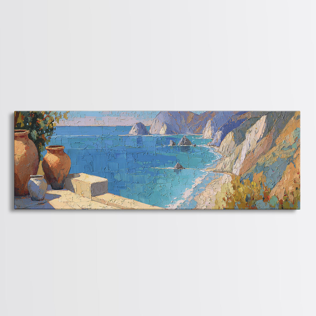 Coastal Cliffs with Sparkling Blue Water Framed Canvas Print, Mediterranean Art, Coastal Art, Living Room Decor, Azure, MAR-3x1-12