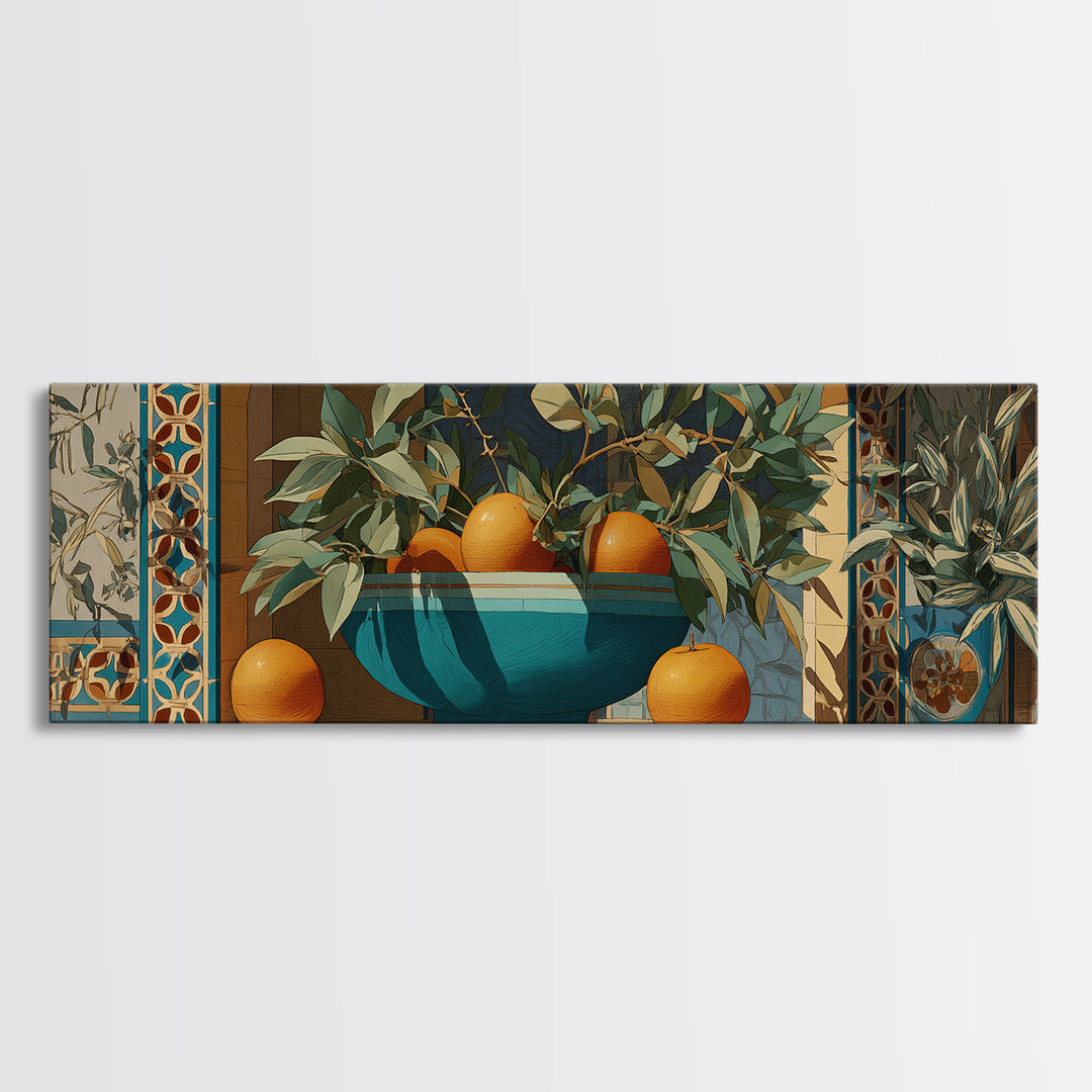 Ceramic Bowl of Oranges and Leaves Canvas Print, Mediterranean Art, Digital Wall Art, Living Room Decor, Fine Art, Azure, MAR-3x1-13