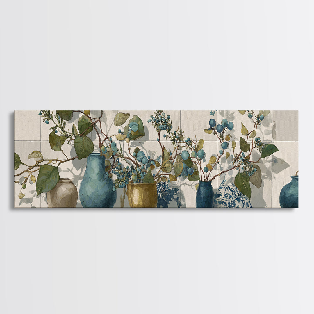 Wild Herbs Rosemary and Thyme Botanical Study Canvas Print, Mediterranean Art, Watercolor Art, Living Room Decor, Azure, MAR-3x1-16