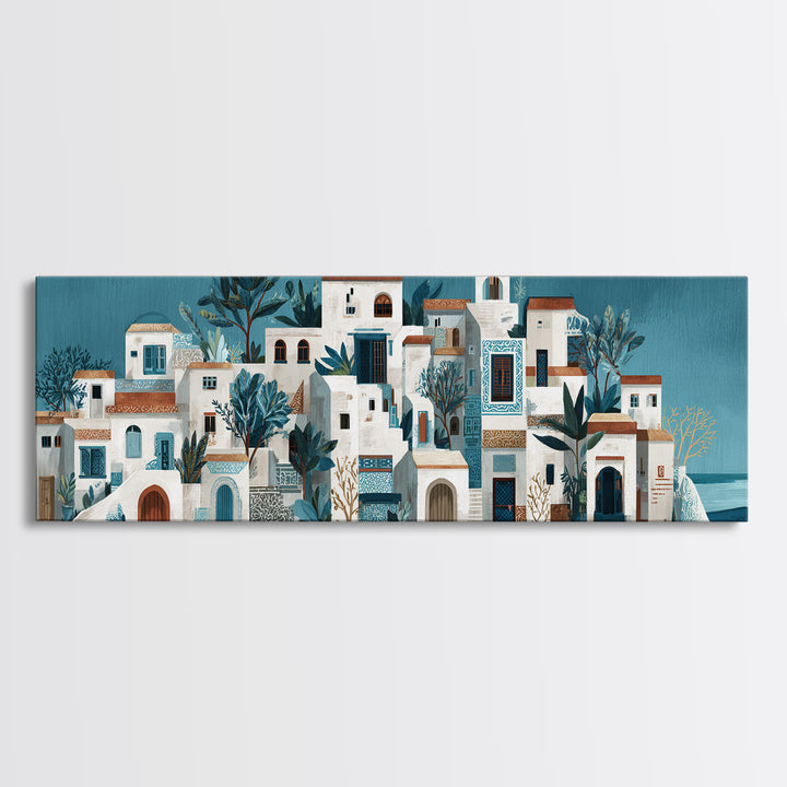 Greek Island White Buildings Above Blue Sea Canvas Print, Mediterranean Art, Horizontal Wall Art, Living Room Decor, Azure, MAR-3x1-17