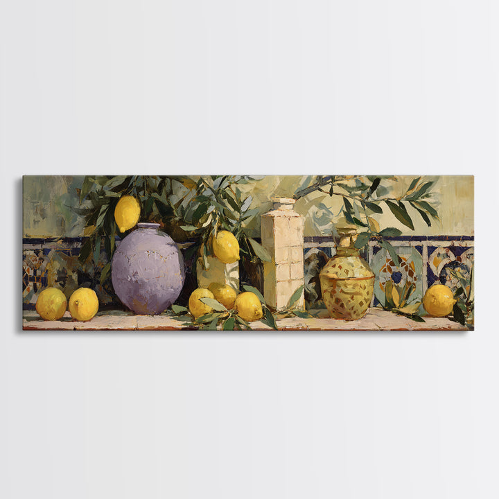 Olive Branch and Lemons on Terracotta Ground Canvas Print, Mediterranean Art, Digital Wall Art, Living Room Decor, Azure, MAR-3x1-18