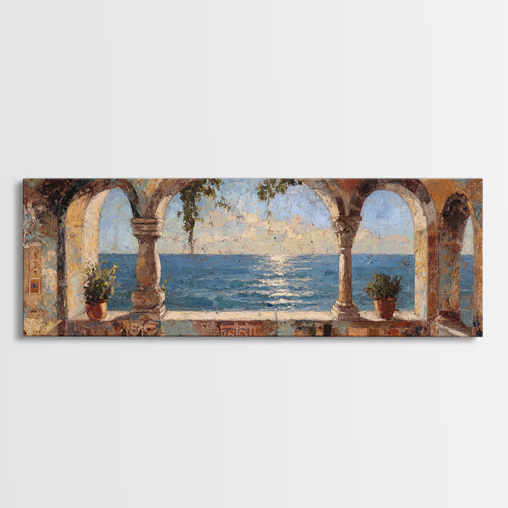 Mediterranean Arch Framing Ocean Horizon Canvas Print, Mediterranean Art, Wall Decor, Living Room Decor, Fine Art, Azure, MAR-3x1-19