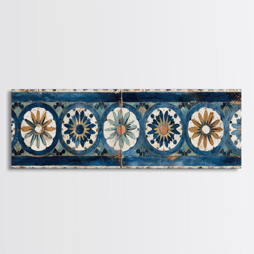 Blue and White Tile Pattern Canvas Print, Mediterranean Art, Landscape Wall Art, Living Room Decor, Azure, Luxury Decor, MAR-3x1-20