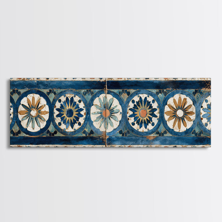 Blue and White Tile Pattern Canvas Print, Mediterranean Art, Landscape Wall Art, Living Room Decor, Azure, Luxury Decor, MAR-3x1-20