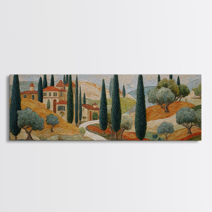 Tuscan Cypress Trees and Golden Hillside Canvas Print, Mediterranean Art, Neutral Decor, Living Room Decor, Abstract Art, Azure, MAR-3x1-22