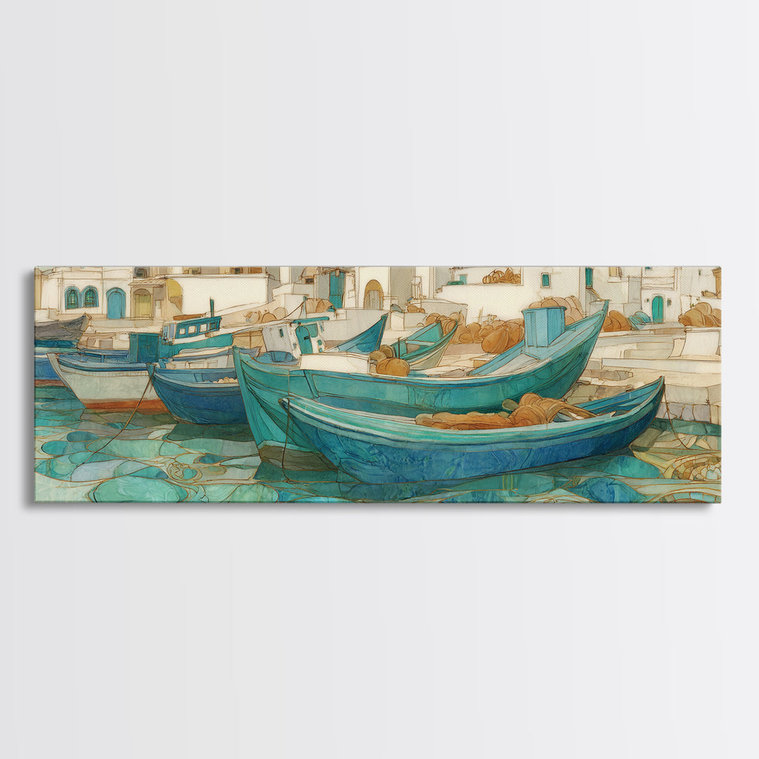 Coastal Fishing Boats Framed Canvas Print, Mediterranean Art, Neutral Decor, Living Room Decor, Fine Art, Azure, Home Decor, MAR-3x1-23
