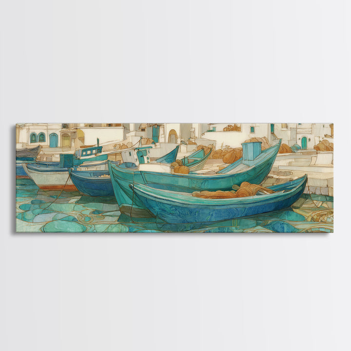 Coastal Fishing Boats Framed Canvas Print, Mediterranean Art, Neutral Decor, Living Room Decor, Fine Art, Azure, Home Decor, MAR-3x1-23