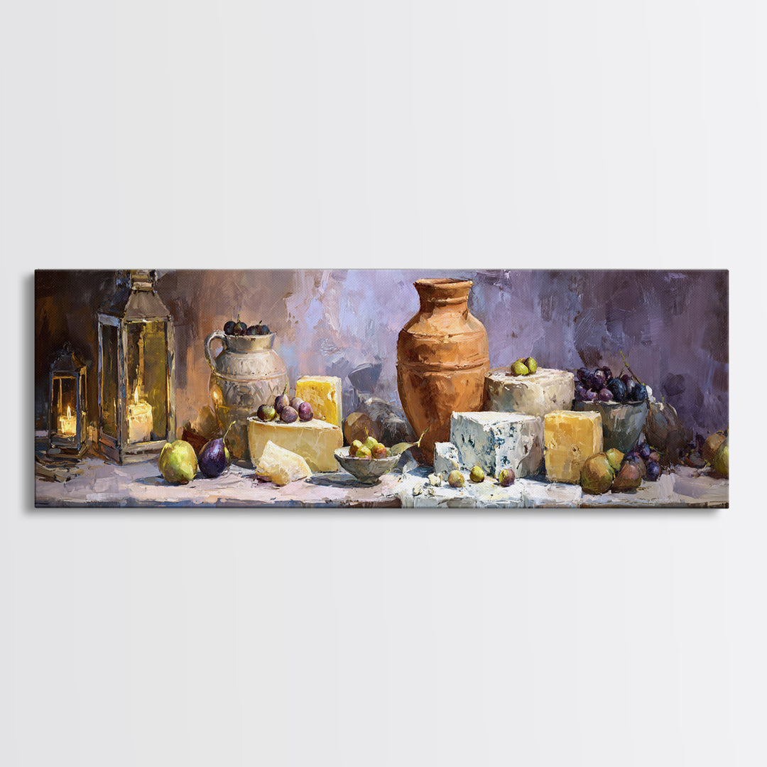 Figs Olives and Cheese Still Life Canvas Print, Mediterranean Art, Downloadable Art, Living Room Decor, Fine Art, Azure, MAR-3x1-24