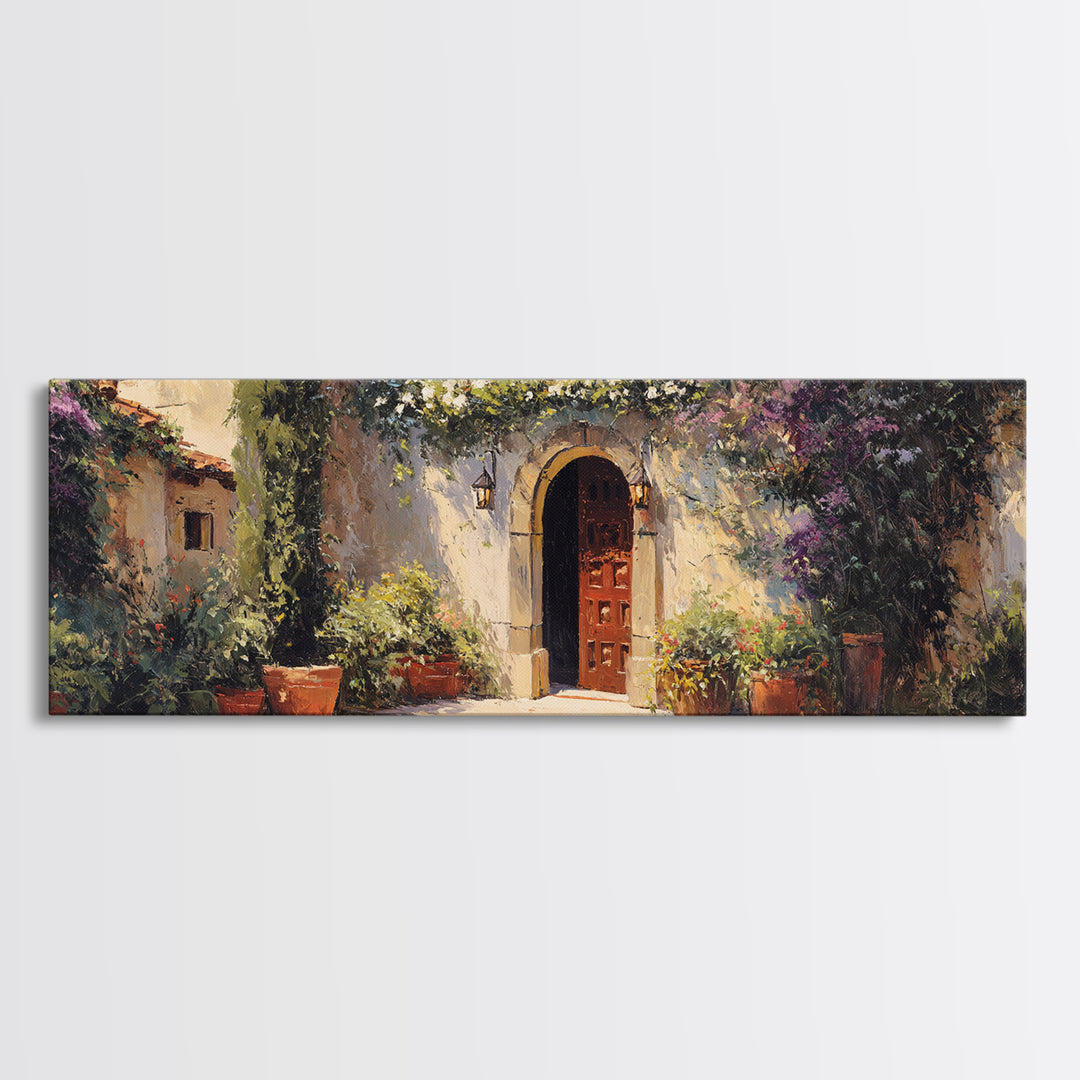 Sunlit Courtyard Doorway Framed Canvas Print, Mediterranean Art, Modern Decor, Living Room Decor, Fine Art, Azure, MAR-3x1-27