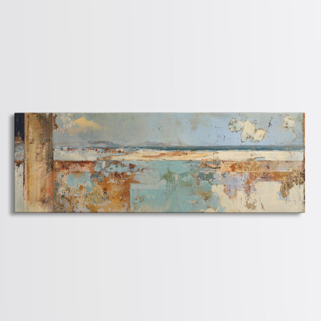 Ancient Column with Sea and Sky Beyond Framed Canvas Print, Mediterranean Art, Beach Prints, Living Room Decor, Oil Painting, MAR-3x1-28