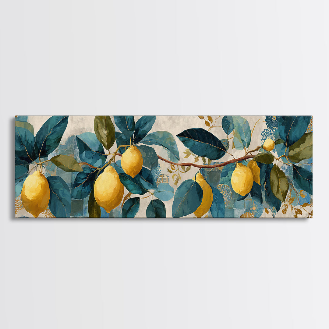 Sicilian Lemon Branch on Ivory Background Canvas Print, Mediterranean Art, Printable Art, Living Room Decor, Fine Art, Azure, MAR-3x1-29