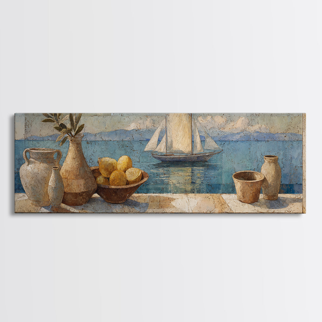Mediterranean Sailboat on Glassy Water Canvas Print, Mediterranean Art, Living Room Decor, Abstract Art, Azure, MAR-3x1-34