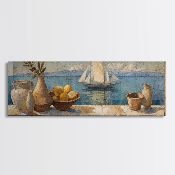 Mediterranean Sailboat on Glassy Water Canvas Print, Mediterranean Art, Living Room Decor, Abstract Art, Azure, MAR-3x1-34