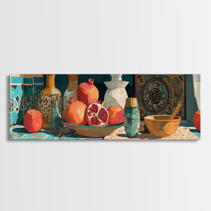 Pomegranate Still Life Canvas Print, Mediterranean Art, Statement Artwork, Living Room Decor, Fine Art, Azure, Oil Painting, MAR-3x1-35