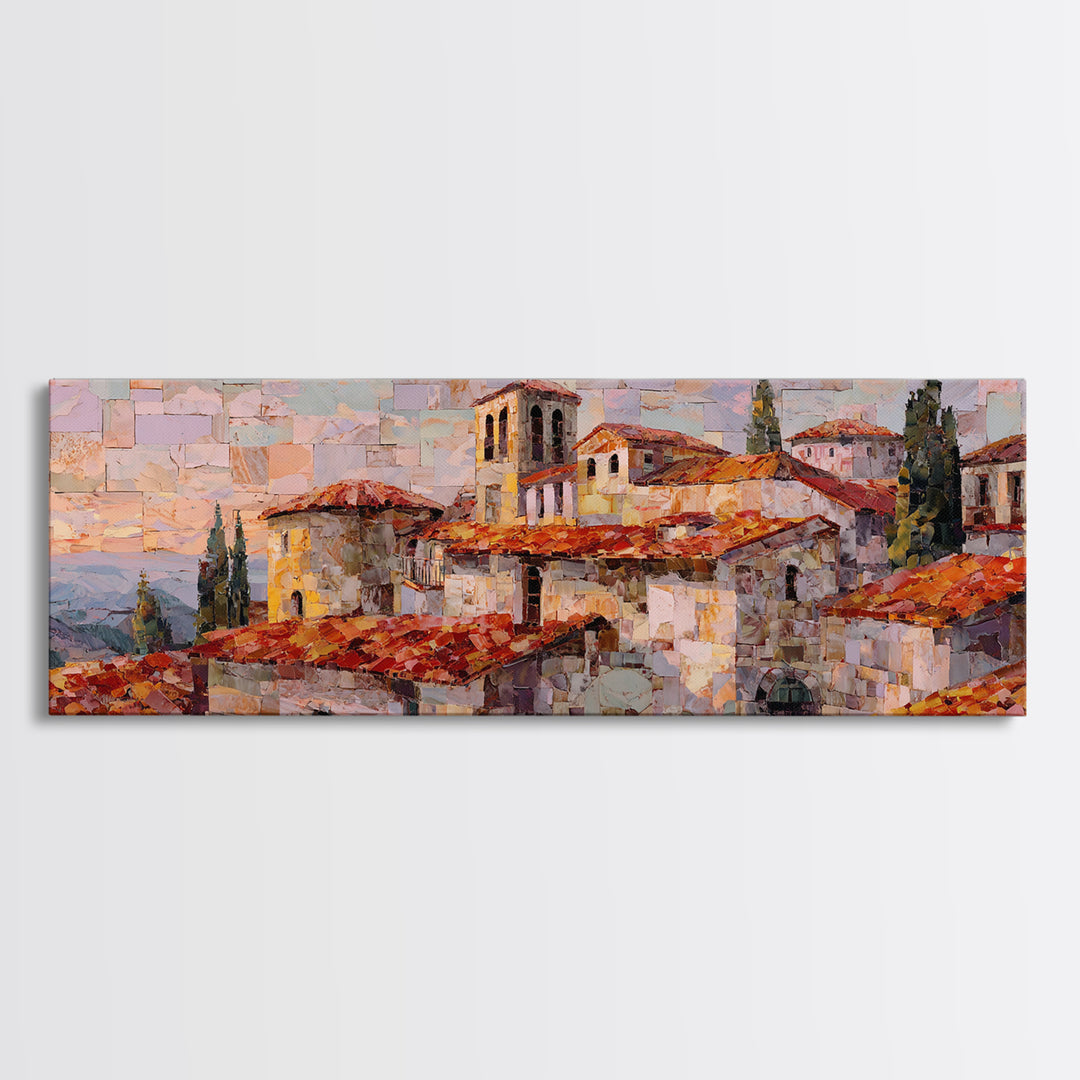 Sunset over Red Tiled Rooftops Canvas Print, Mediterranean Art, Gallery Decor, Living Room Decor, Azure, Minimalist Decor, MAR-3x1-39