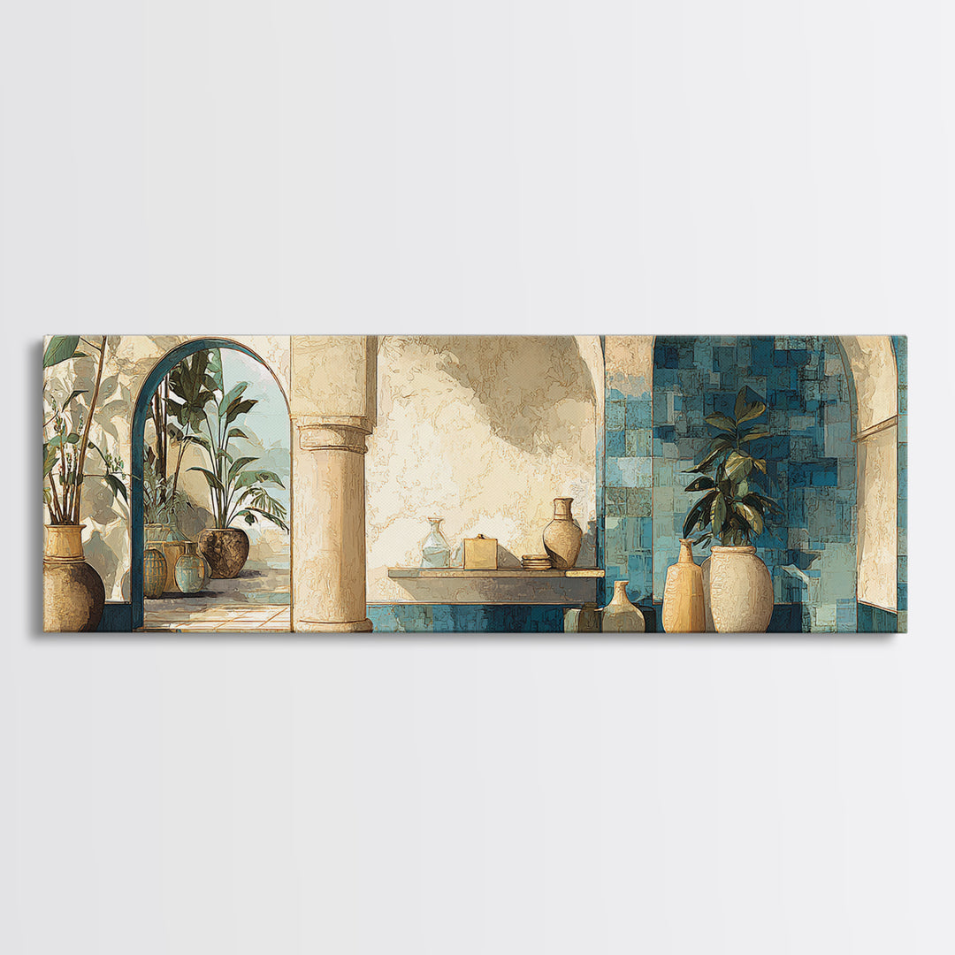 Ancient Column with Sea and Sky Beyond Canvas Print, Mediterranean Art, Beach Wall Art, Living Room Decor, Watercolor Art, MAR-3x1-4