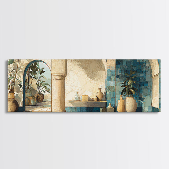 Ancient Column with Sea and Sky Beyond Canvas Print, Mediterranean Art, Beach Wall Art, Living Room Decor, Watercolor Art, MAR-3x1-4