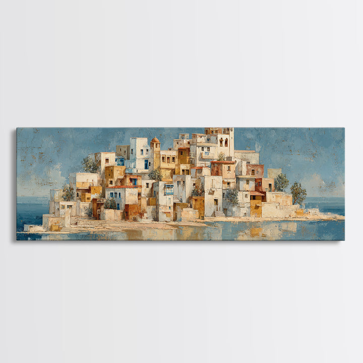 Greek Island White Buildings Above Blue Sea Canvas Print, Mediterranean Art, Coastal Wall Art, Living Room Decor, MAR-3x1-41