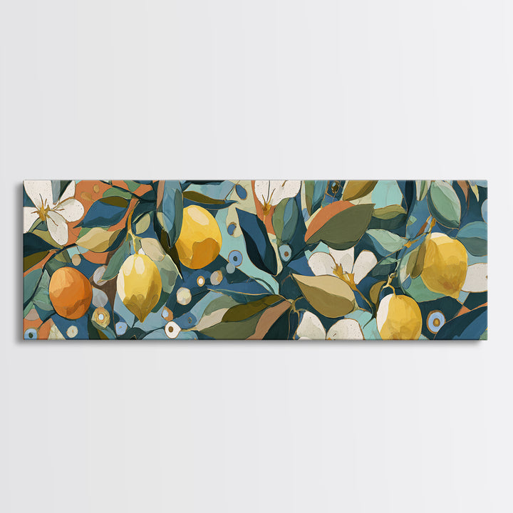 Olive Branch and Lemons on Terracotta Ground Canvas Print, Mediterranean Art, Farmhouse Decor, Living Room Decor, MAR-3x1-42