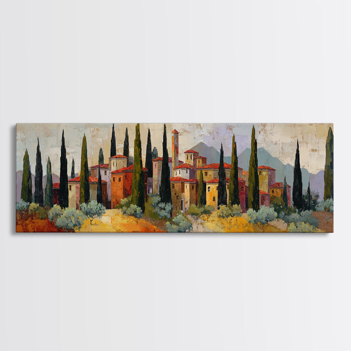 Tuscan Cypress Trees and Golden Hillside Canvas Print, Mediterranean Art, Horizontal Wall Art, Living Room Decor, Azure, MAR-3x1-46