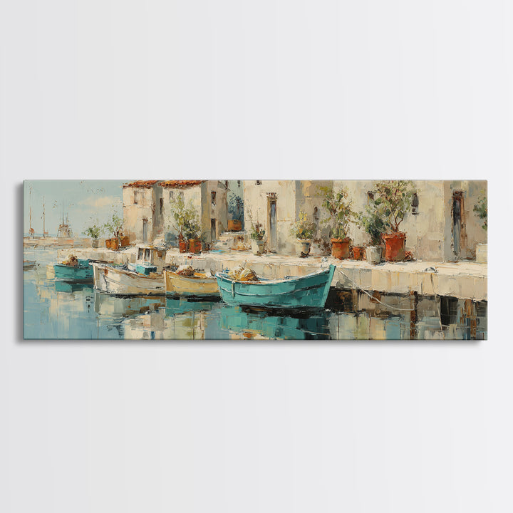 Coastal Fishing Boats Framed Canvas Print, Mediterranean Art, Contemporary Art, Living Room Decor, Oil Painting, Azure, MAR-3x1-47