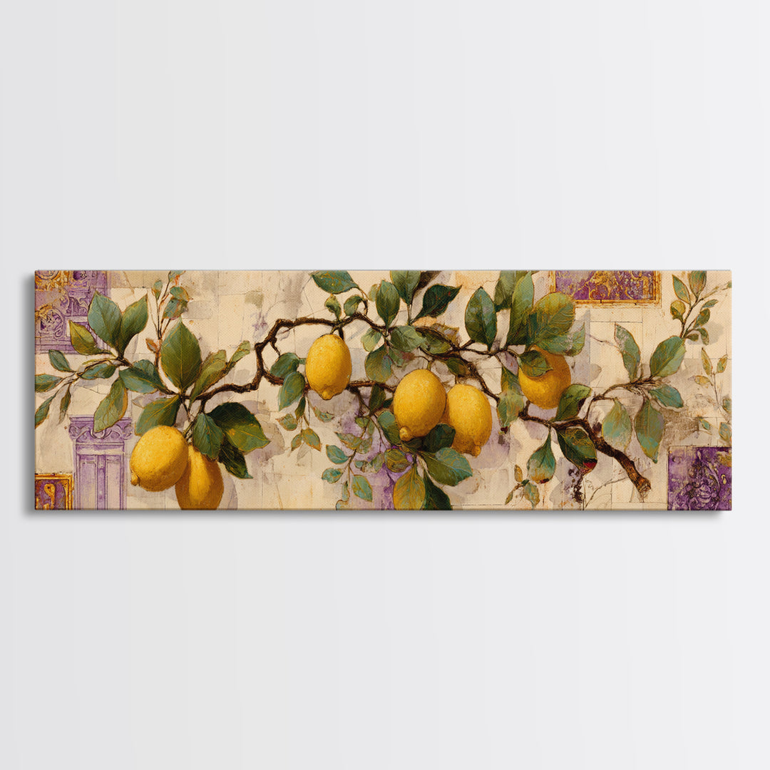 Sicilian Lemon Branch on Ivory Background Framed Canvas Print, Mediterranean Art, Original Painting, Living Room Decor, Azure, MAR-3x1-5