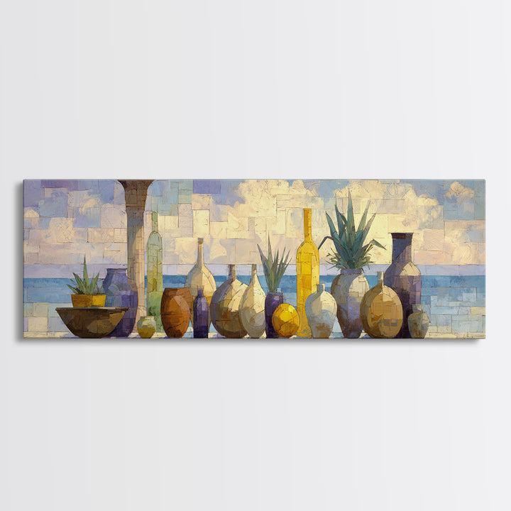 Ancient Column with Sea and Sky Beyond Framed Canvas Print, Mediterranean Art, Luxury Decor, Living Room Decor, Abstract Art, MAR-3x1-52