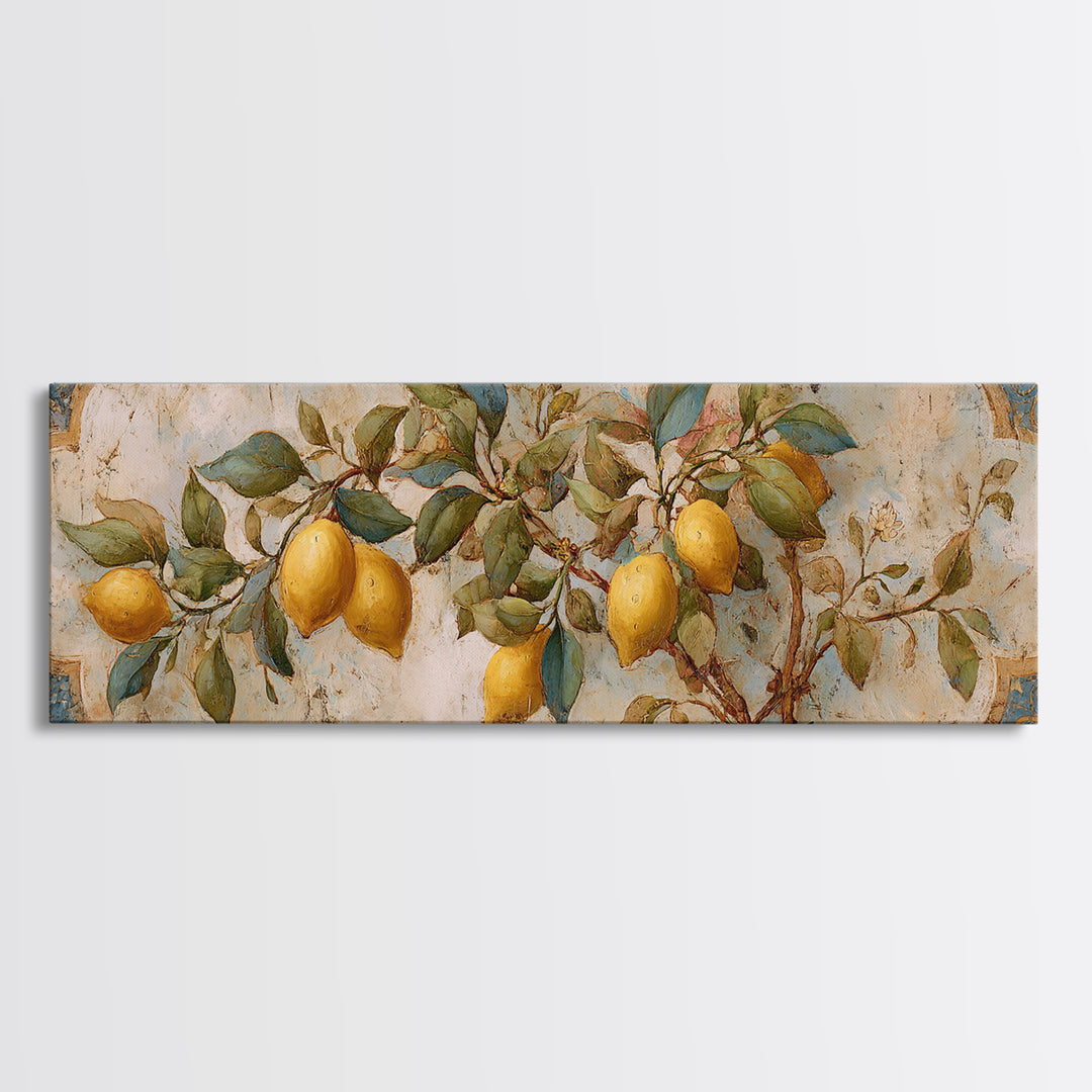 Sicilian Lemon Branch on Ivory Background Canvas Print, Mediterranean Art, Modern Wall Art, Living Room Decor, Azure, MAR-3x1-53