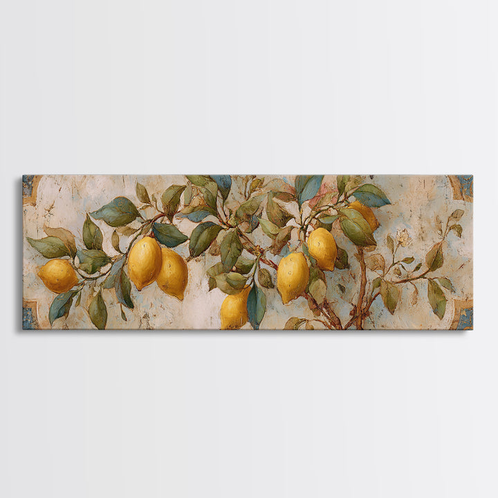 Sicilian Lemon Branch on Ivory Background Canvas Print, Mediterranean Art, Modern Wall Art, Living Room Decor, Azure, MAR-3x1-53