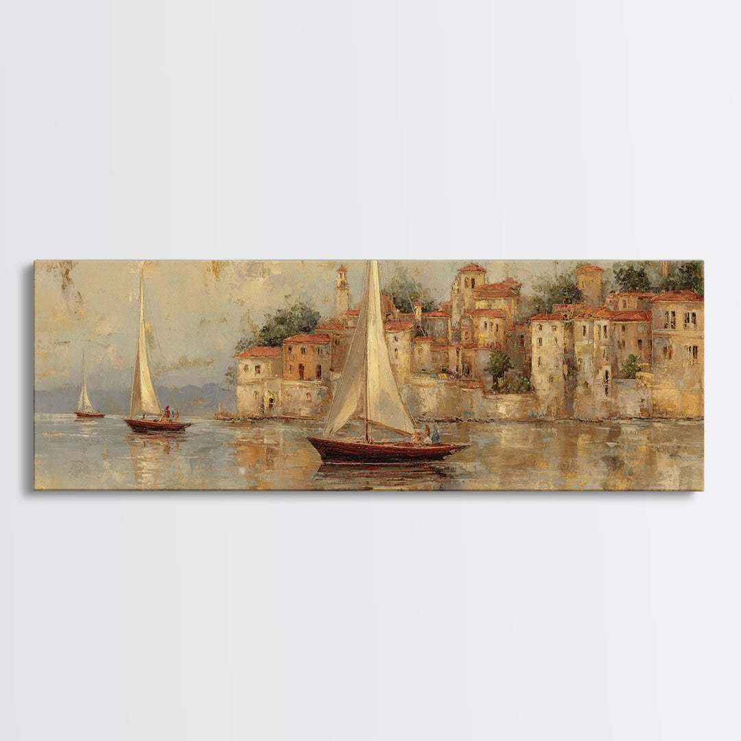 Mediterranean Sailboat on Glassy Water Framed Canvas Print, Mediterranean Art, Printable Art, Living Room Decor, Azure, MAR-3x1-58