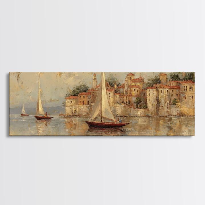 Mediterranean Sailboat on Glassy Water Framed Canvas Print, Mediterranean Art, Printable Art, Living Room Decor, Azure, MAR-3x1-58