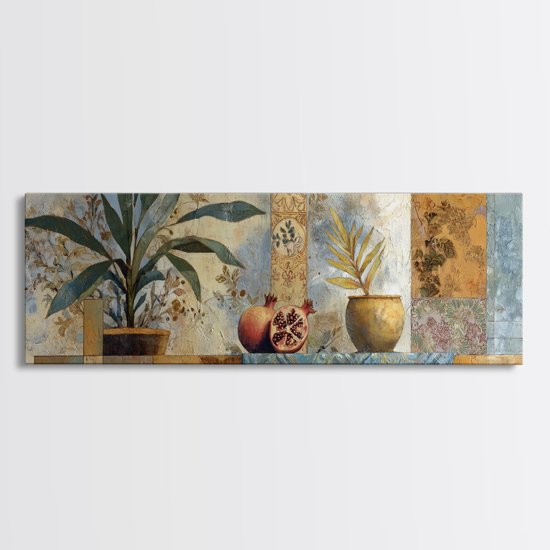 Pomegranate Still Life Framed Canvas Print, Mediterranean Art, Textured Painting, Living Room Decor, Fine Art, Azure, MAR-3x1-59