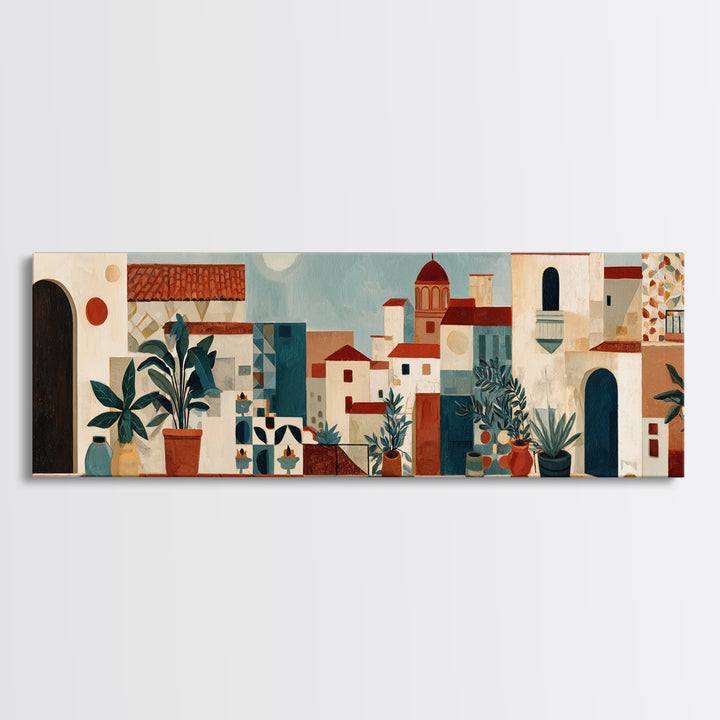 Sunset over Red Tiled Rooftops Framed Canvas Print, Mediterranean Art, Boho Decor, Living Room Decor, Fine Art, Azure, MAR-3x1-63