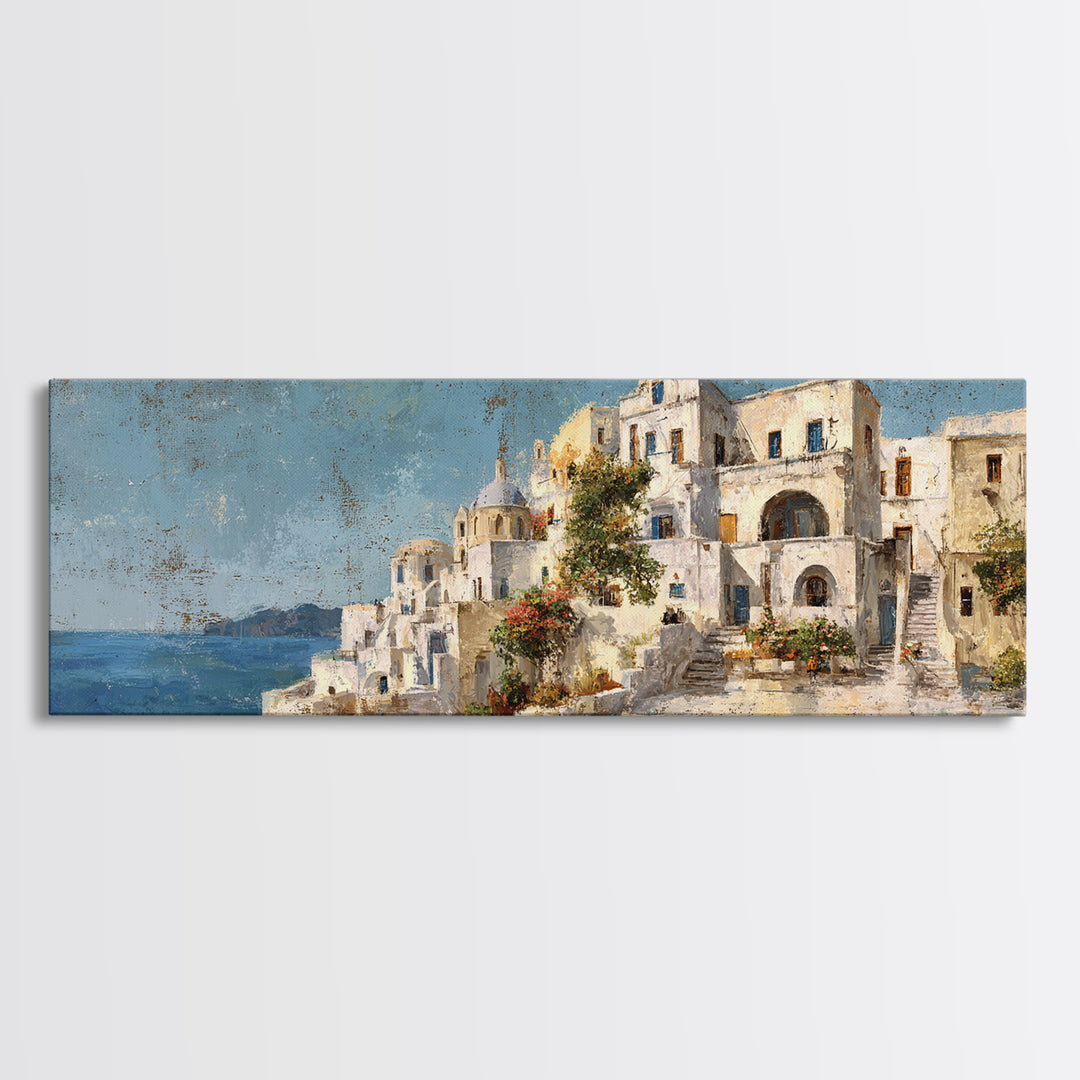 Greek Island White Buildings Above Blue Sea Canvas Print, Mediterranean Art, Coastal Wall Art, Living Room Decor, MAR-3x1-65