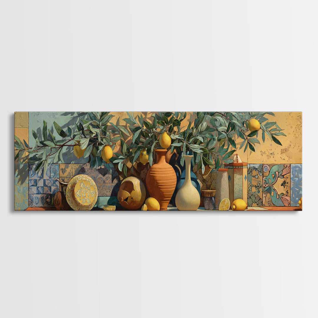 Olive Branch and Lemons on Terracotta Ground Canvas Print, Mediterranean Art, Farmhouse Decor, Living Room Decor, MAR-3x1-66
